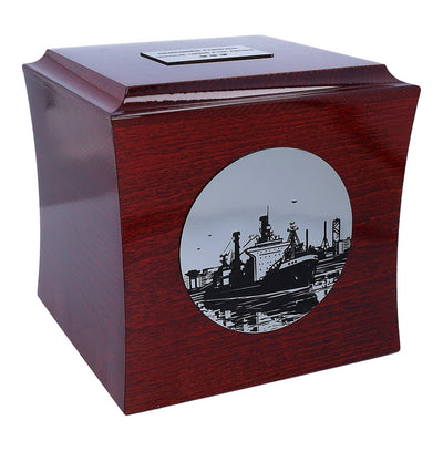 Ship urn for ashes for sailor Cremation urn with ship Mahogany wooden urn