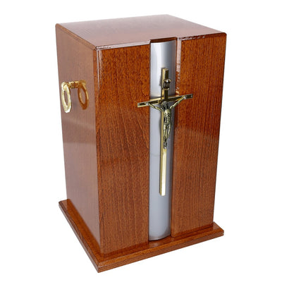 Beautiful Wood Casket with Gold Cross and Handles Funeral Ashes Urn (Dn67)