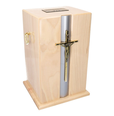 Beautiful Natural Wood Casket with Gold Cross and Handles Funeral Urn for Adult (Wu21)