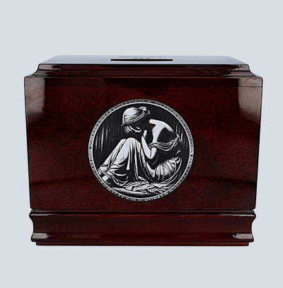 Nostalgia wooden urn with crying woman Urn for father Urn for husband Urn for brother