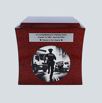 Urn for a policeman Cremation urn for police officer Urn for cop Wooden theme urn for ashes with personalized memorial plaque Police casket