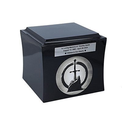 Urn with motif of a sword stuck in a rock - the legend of King Arthur and the knights