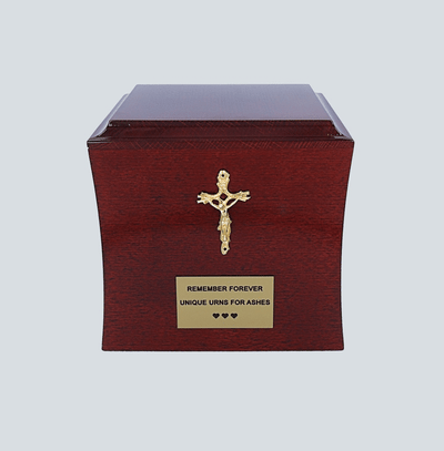 Catholic mahogany cremation urn with cross Wooden funeral urn for human ashes