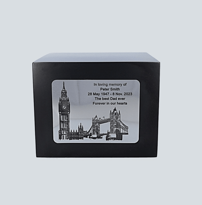 London urn for human ashes. Urn with Big Ben theme, UK cremation urn.