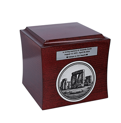 Wooden urn with engraved Stonehenge graphic