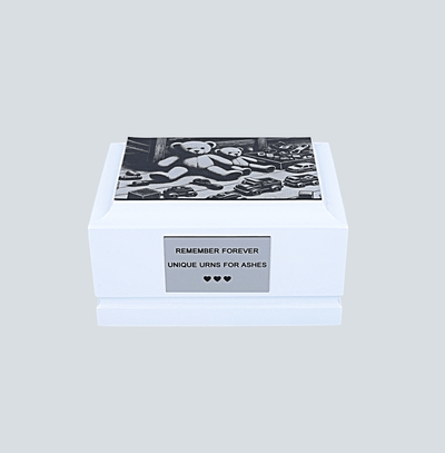 Baby boy urn for ashes Teddy bear urn for kid White wooden urn for child ashes box Child urn with toys Engraved cremation urn for infant