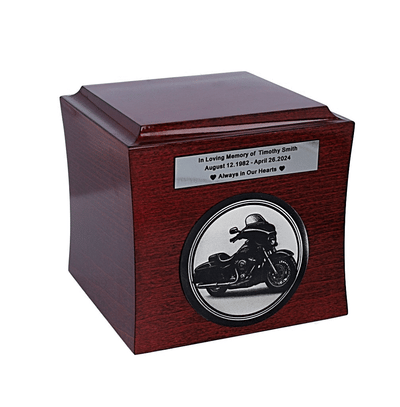 Thematic urn with engraved Harley Davidson