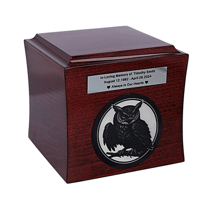 Thematic urn with engraved owl