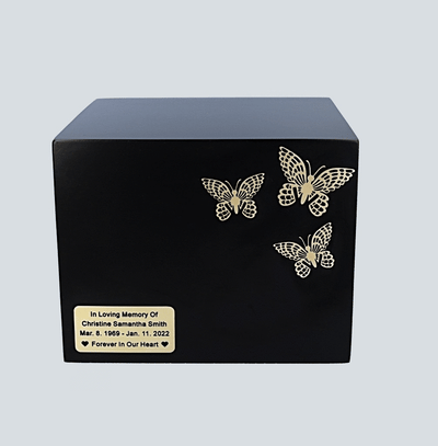 Black urn with butterflies box-shaped cremation urn for adult full size personalized urn for ashes Unique cremate casket box for human ashes
