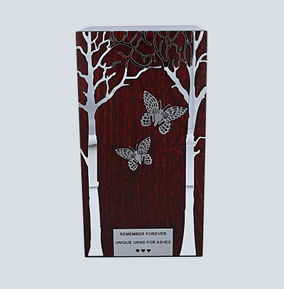 Wood Urn with Trees on The Front and Cross.Funeral Urn For Ashes. Cremation Urn For Adult (ART20)