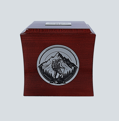 Mountain urn for ashes cremation urn with mountains Artistic wooden casket with engraved plaque Unique urn for human ashes Adult size urn