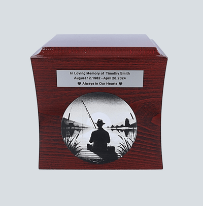 Cremation urn with a fisherman Engraved and personalzed urn for ashes Theme urn for fisherman