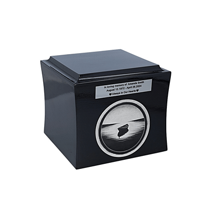 Urn with lone boat on lake, urn for angler, fisherman