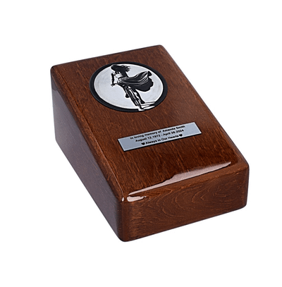 Wooden Urn for a Woman with Bike Motif Tribute to Passion and Freedom