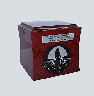 Female urn for ashes Unique emotional cremation urn with engraved text and young woman