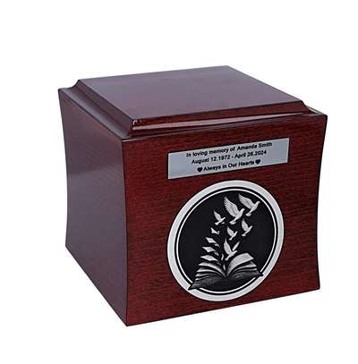 Wooden urn with engraved graphic "Book and doves"