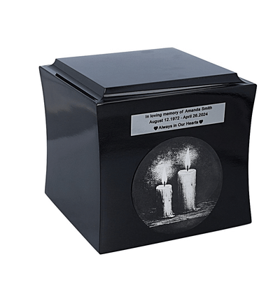 Wooden urn with engraved candles Memorial urn