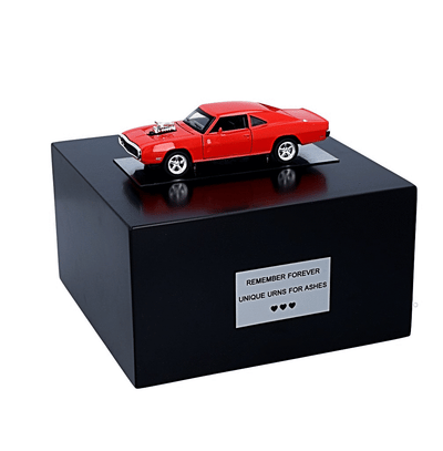 Black Wooden Urn With a Dodge Car, Cremation box