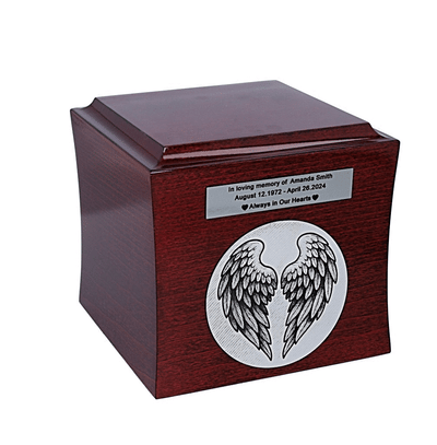 Wooden urn with angel's wings