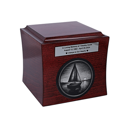 Thematic urn with engraved sailboat