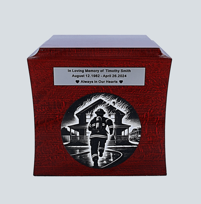 Firefighter urn for honoring local hero Wooden urn for firefighter Personalized cremation urn