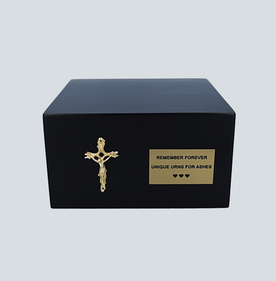 Catholic ashes container with cross Black box urn for ashes