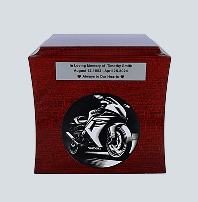 Funeral urn for a motorcyclist, Thematic cremation urn for a motoring enthusiast. Motorcycle urn