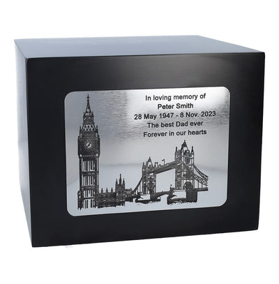 London urn for human ashes. Urn with Big Ben theme, UK cremation urn.