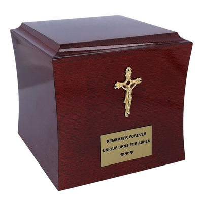 Catholic mahogany cremation urn with cross Wooden funeral urn for human ashes