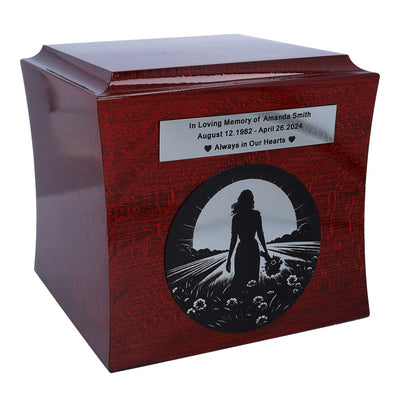 Female urn for ashes Unique emotional cremation urn with engraved text and young woman