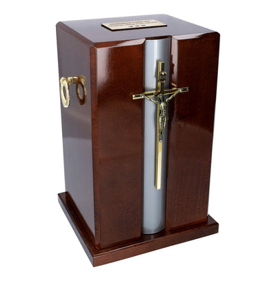 Beautiful Mahogany Wood Casket with Gold Cross and Handles Funeral Ashes Urn (Dn70)