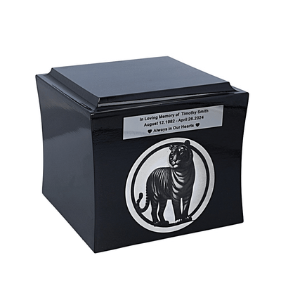 Unique urn with tiger Cremation box with engraved tiger and memorial plaque