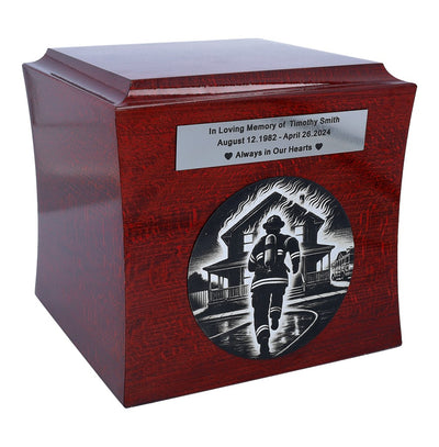 Firefighter urn for honoring local hero Wooden urn for firefighter Personalized cremation urn