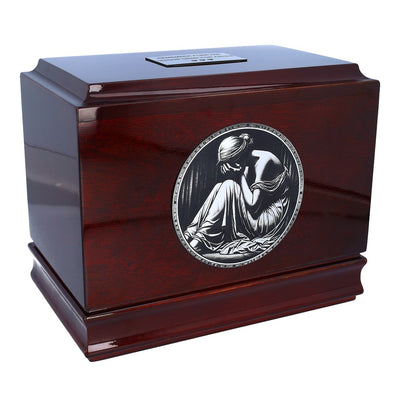 Nostalgia wooden urn with crying woman Urn for father Urn for husband Urn for brother
