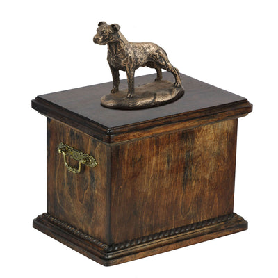 Solid Wood Casket American Staffordshire Terrier uncropped  Memorial Urn for Dog's ashes,with Dog statue.(4) - unique.urns_caskets