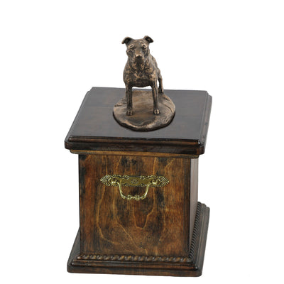Solid Wood Casket American Staffordshire Terrier uncropped  Memorial Urn for Dog's ashes,with Dog statue.(4) - unique.urns_caskets