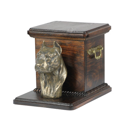 Beautiful  wood casket cremation  urn for dog’s ashes with  standing statue American Staffordshire Terrier (7) - unique.urns_caskets