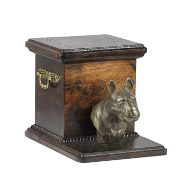 Beautiful  wood casket cremation urn for dog’s ashes with Bull Terrier statue (25) - unique.urns_caskets