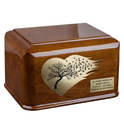 Wooden Artistic Funeral Urn For Ashes with Tree and birds. Unique Cremation Urn (WU71D)