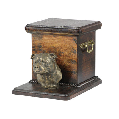 Beautiful  wood casket cremation  urn for dog’s ashes with  standing statue English Staffordshire Terrier (45) - unique.urns_caskets