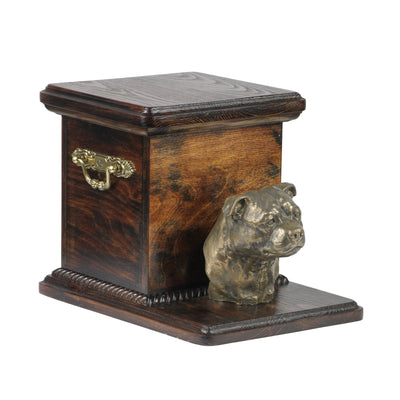 Beautiful  wood casket cremation  urn for dog’s ashes with  standing statue English Staffordshire Terrier (45) - unique.urns_caskets