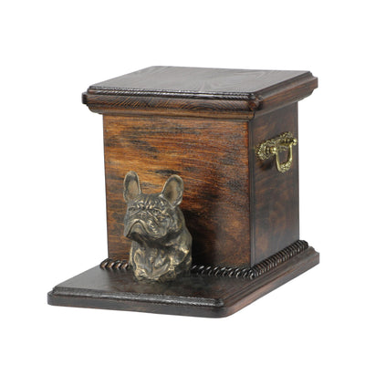 Beautiful solid wood casket cremation urn for dog’s ashes with dog statue French Bulldog (49) - unique.urns_caskets