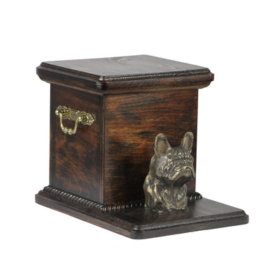 Beautiful solid wood casket cremation urn for dog’s ashes with dog statue French Bulldog (49) - unique.urns_caskets