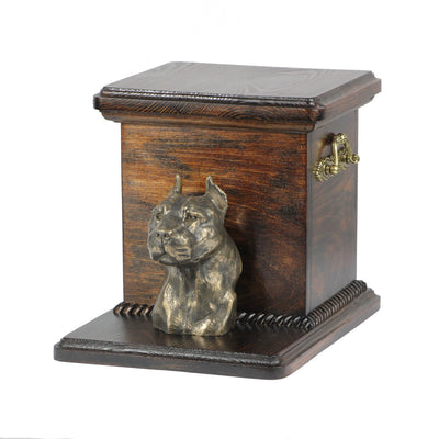 Beautiful  wood casket cremation  urn for dog’s ashes with  standing statue American Staffordshire Terrier (5) - unique.urns_caskets