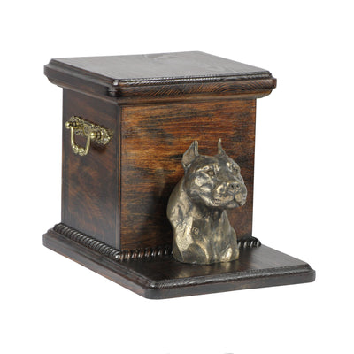 Beautiful  wood casket cremation  urn for dog’s ashes with  standing statue American Staffordshire Terrier (5) - unique.urns_caskets
