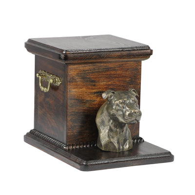 Beautiful  wood casket cremation  urn for dog’s ashes with  standing statue American Staffordshire Terrier (6) - unique.urns_caskets