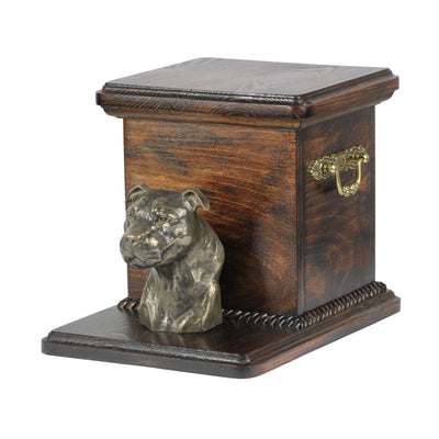 Beautiful  wood casket cremation  urn for dog’s ashes with  standing statue American Staffordshire Terrier (6) - unique.urns_caskets