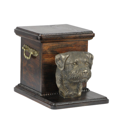 Solid wood casket cremation  urn for dog’s ashes with  standing statue Border Terrier (17) - unique.urns_caskets