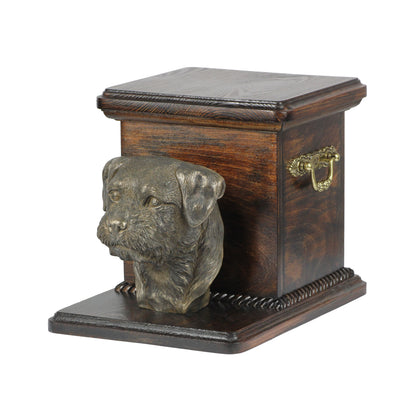 Solid wood casket cremation  urn for dog’s ashes with  standing statue Border Terrier (17) - unique.urns_caskets
