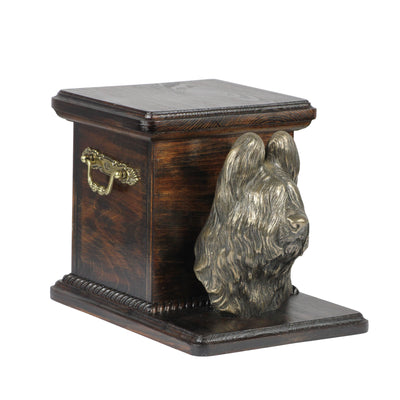 Wood casket cremation urn for dog’s ashes. Memorial urn with standing statue of Briard Dog  (23) - unique.urns_caskets
